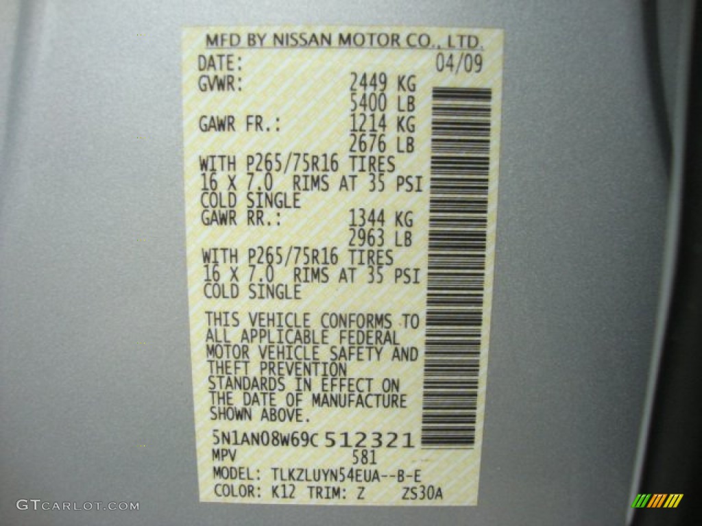 2009 Nissan Xterra S 4x4 Color Code Photos