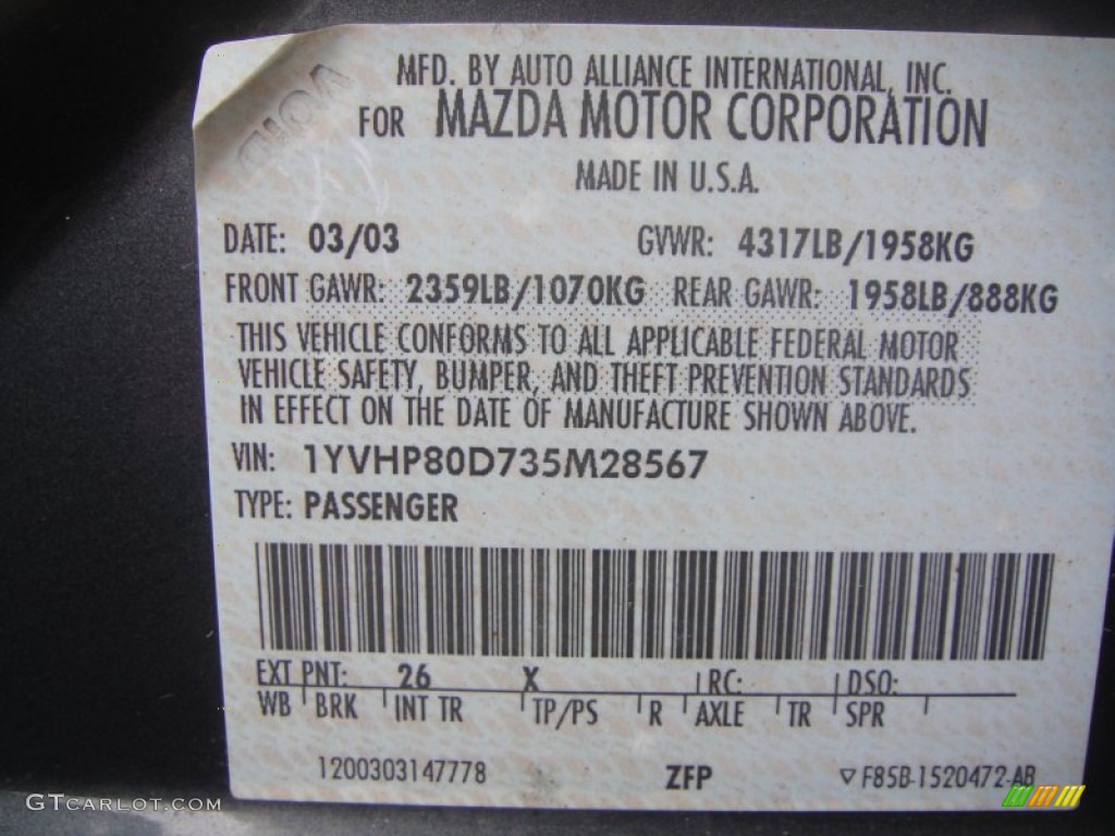 2003 MAZDA6 Color Code 26X for Dark Steel Metallic Photo #52340454