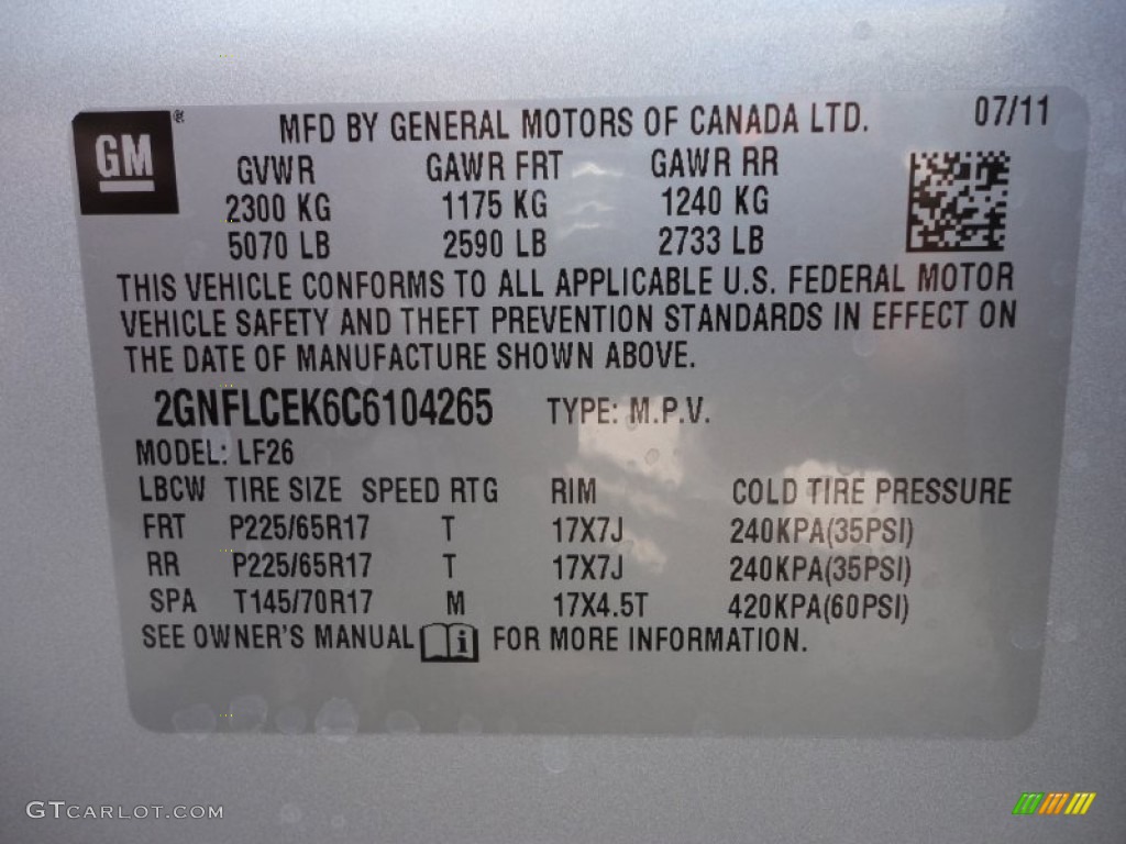 2012 Chevrolet Equinox LS AWD Info Tag Photo #52399740