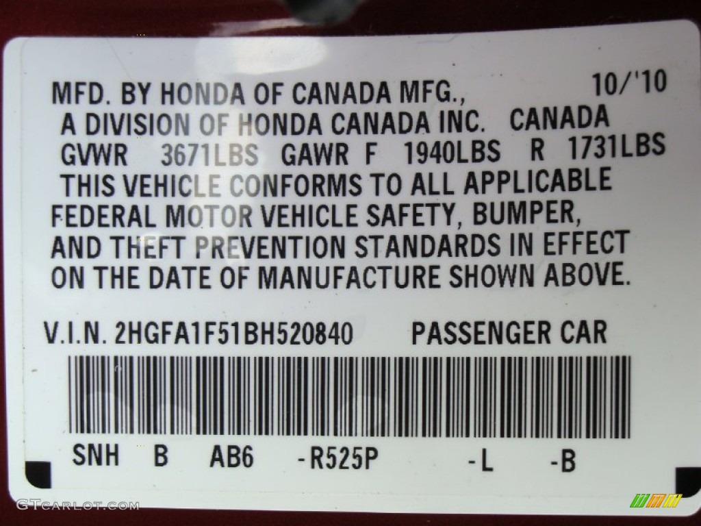 2011 Civic Color Code R525P for Tango Red Pearl Photo #52405467