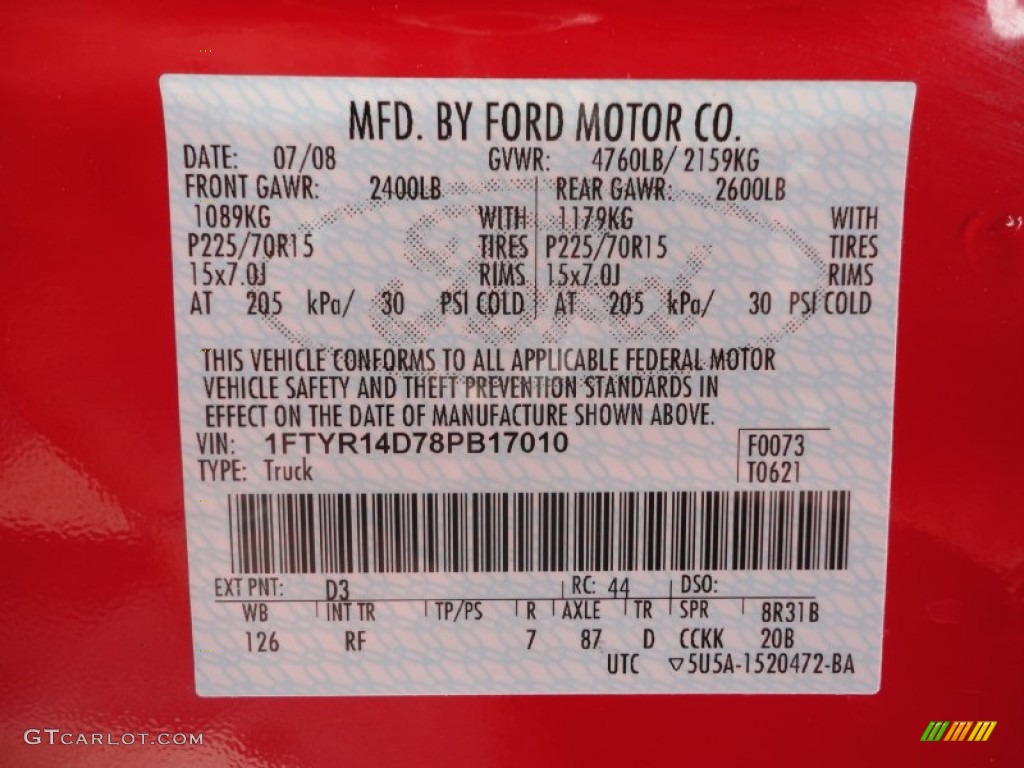 2008 Ranger Color Code D3 for Torch Red Photo #52407228.