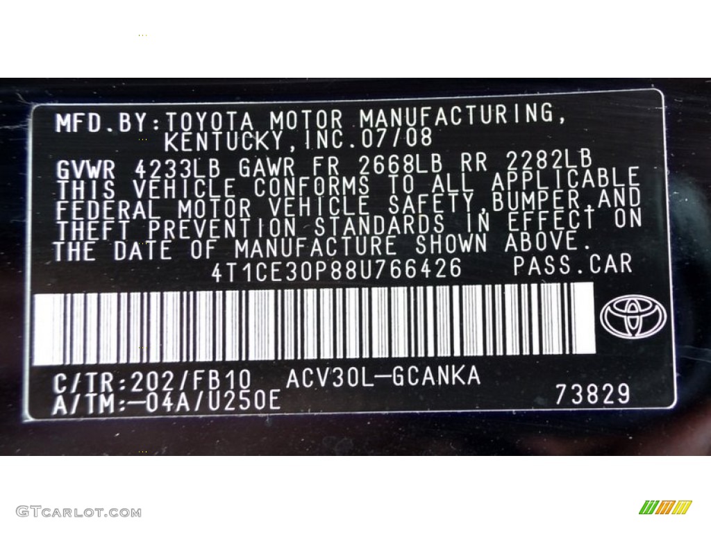 2008 Solara Color Code 202 for Black Photo #52409256