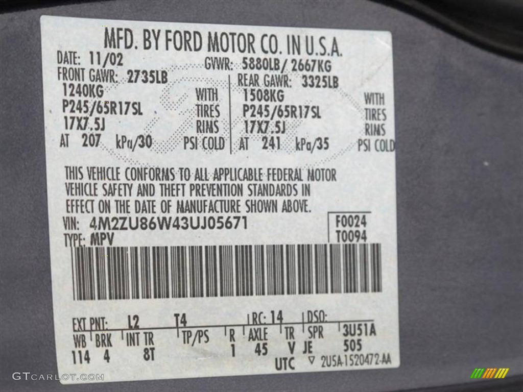2003 Mountaineer Color Code L2 for True Blue Metallic Photo #52409781