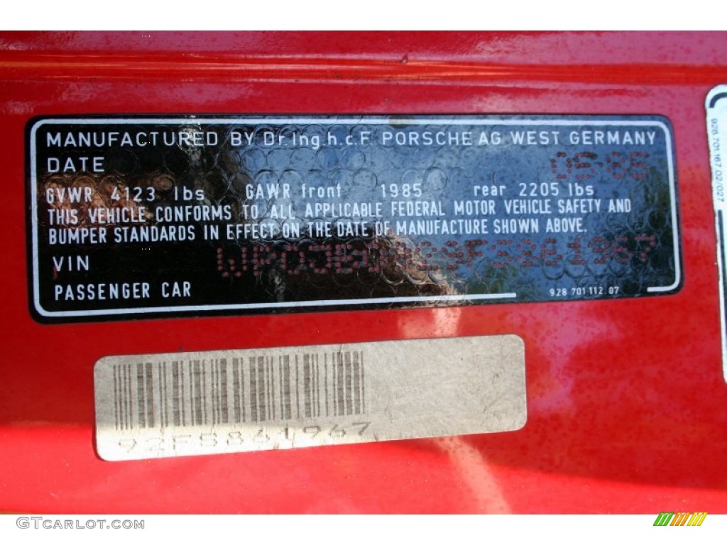 1985 Porsche 928 S Info Tag Photos