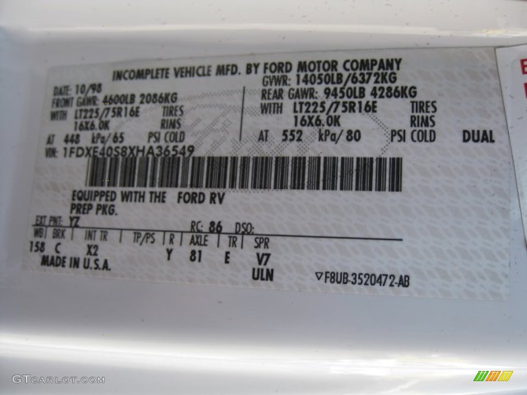 1999 Ford E Series Cutaway E450 Commercial Bus Color Code Photos