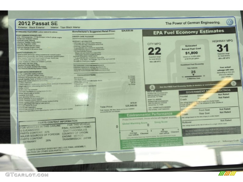 2012 Volkswagen Passat 2.5L SE Window Sticker Photo #52432619