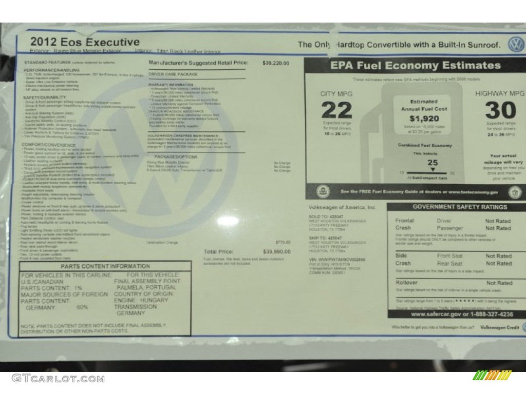 2012 Volkswagen Eos Executive Window Sticker Photo #52433111