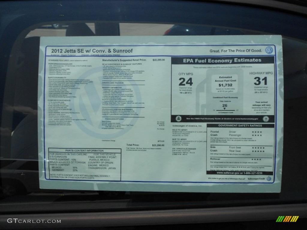 2012 Volkswagen Jetta SE Sedan Window Sticker Photo #52435898