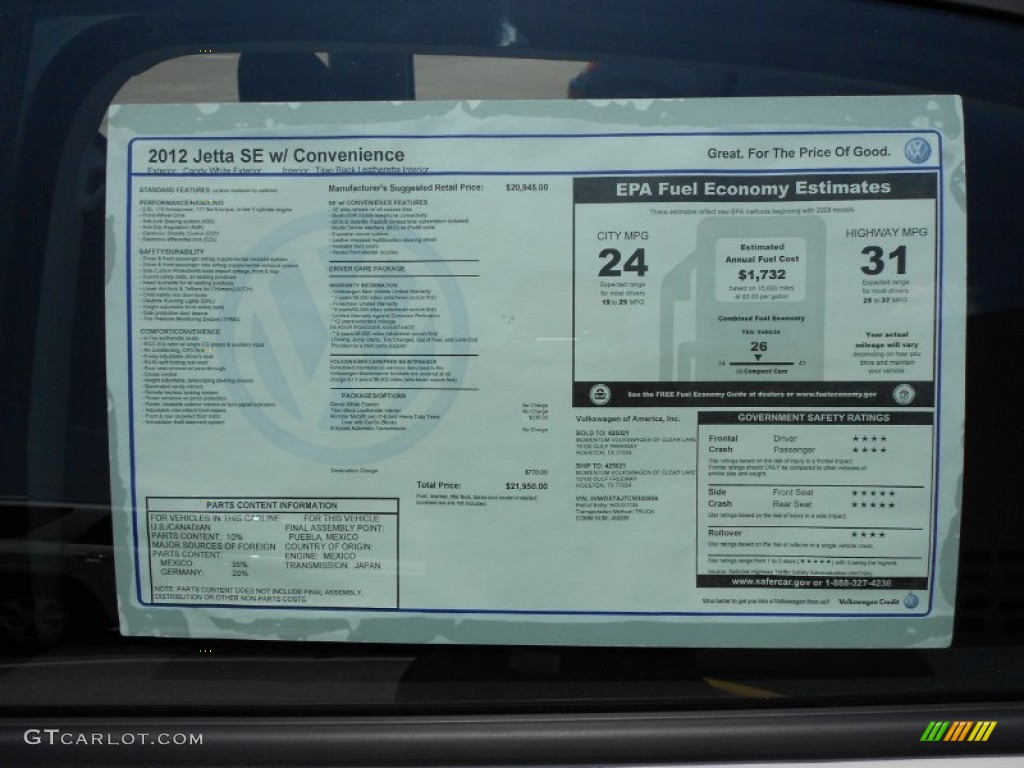 2012 Volkswagen Jetta SE Sedan Window Sticker Photo #52436022