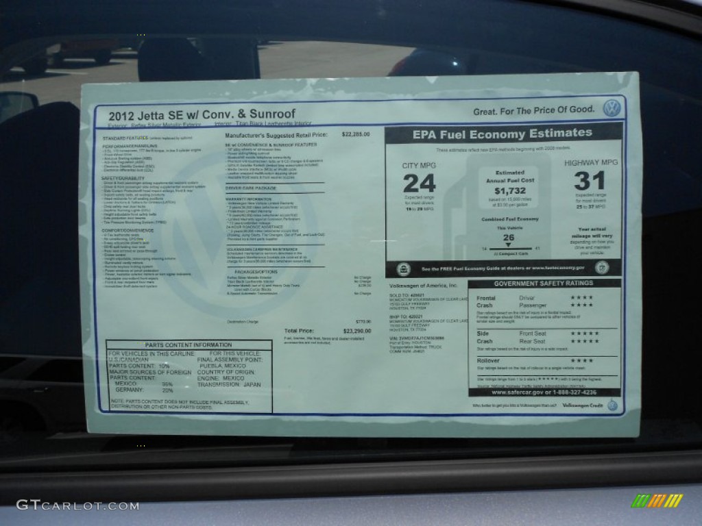 2012 Volkswagen Jetta SE Sedan Window Sticker Photo #52436142