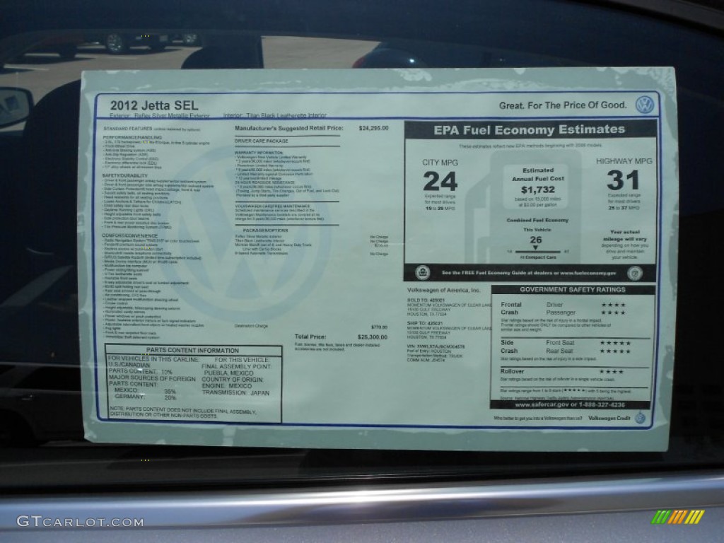 2012 Volkswagen Jetta SEL Sedan Window Sticker Photo #52436280