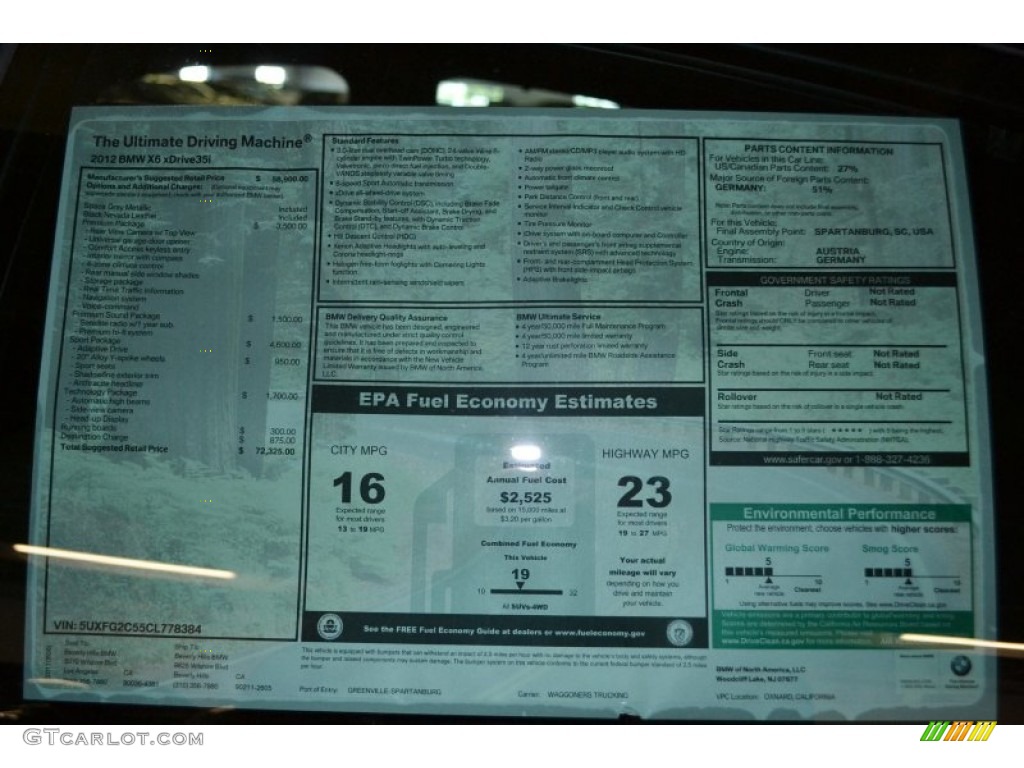 2012 BMW X6 xDrive35i Window Sticker Photo #52461278