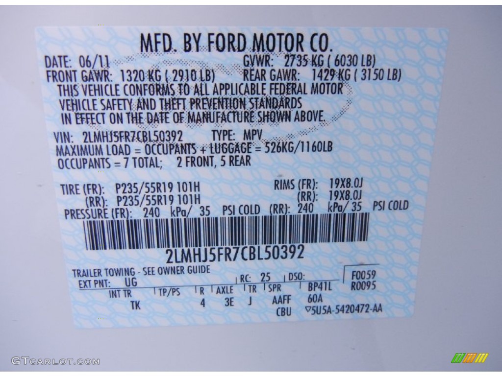 2012 MKT Color Code UG for White Platinum Metallic Tri-Coat Photo #52463405
