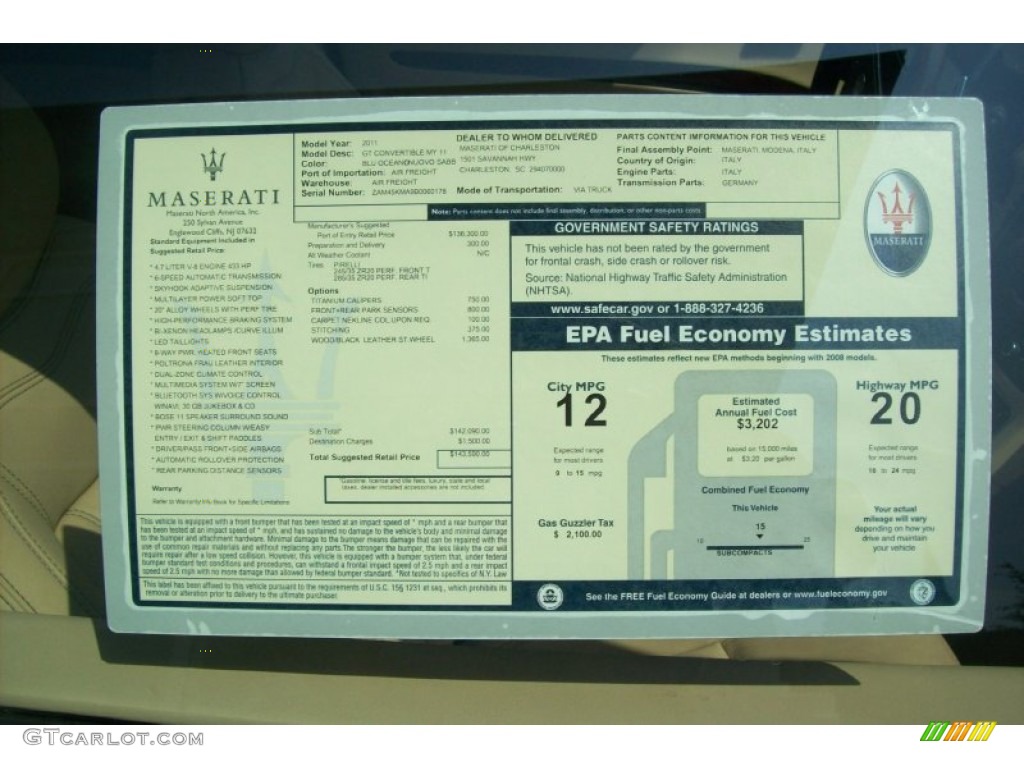 2011 Maserati GranTurismo Convertible GranCabrio Window Sticker Photo #52467833