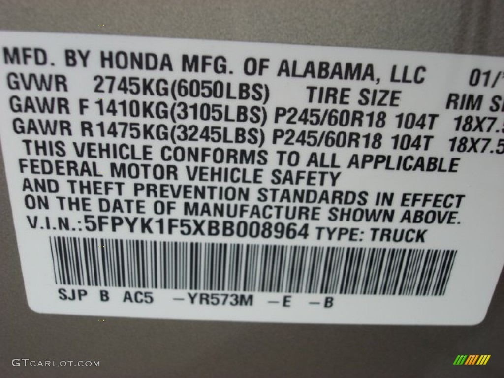 2011 Ridgeline Color Code YR573M for Mocha Metallic Photo #52484111