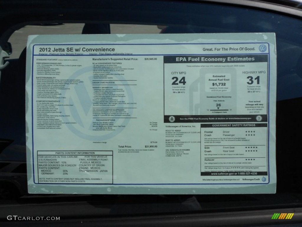 2012 Volkswagen Jetta SE Sedan Window Sticker Photo #52519800