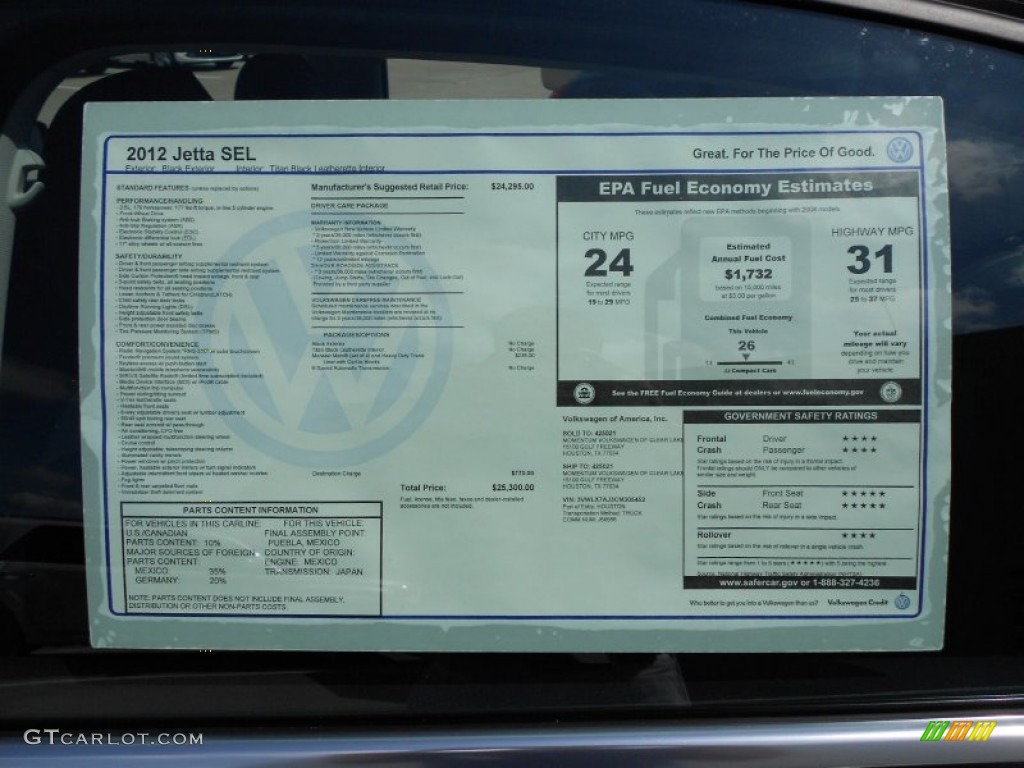 2012 Volkswagen Jetta SEL Sedan Window Sticker Photo #52520184