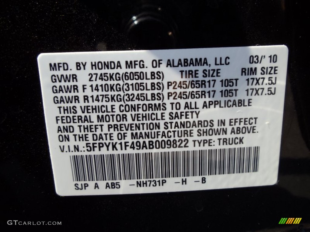 2010 Ridgeline Color Code NH731P for Crystal Black Pearl Photo #52520340