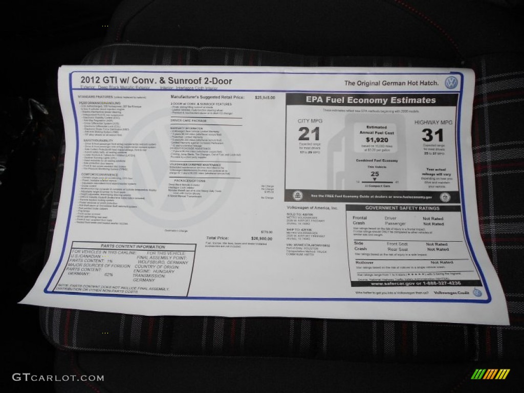 2012 Volkswagen GTI 2 Door Window Sticker Photo #52521261