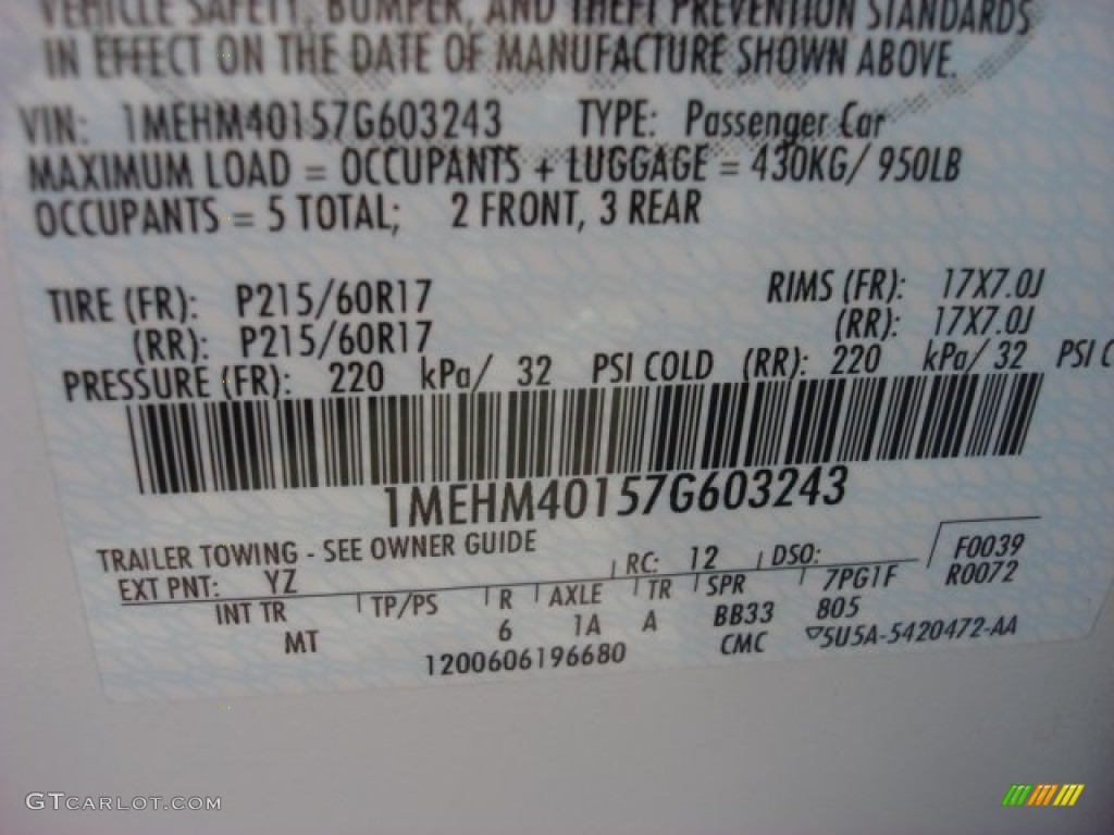 2007 Montego Color Code YZ for Oxford White Photo #52521432