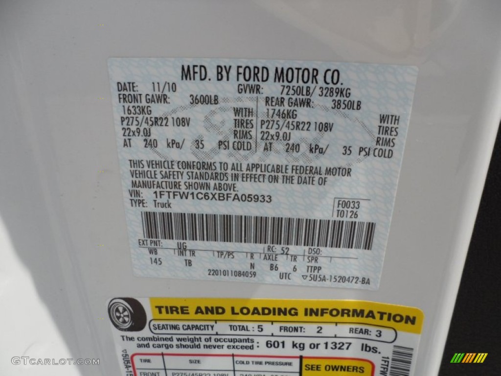 2011 F150 Color Code UG for White Platinum Metallic Tri-Coat Photo #52524192