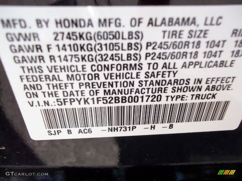 2011 Ridgeline Color Code NH731P for Crystal Black Pearl Photo #52584752