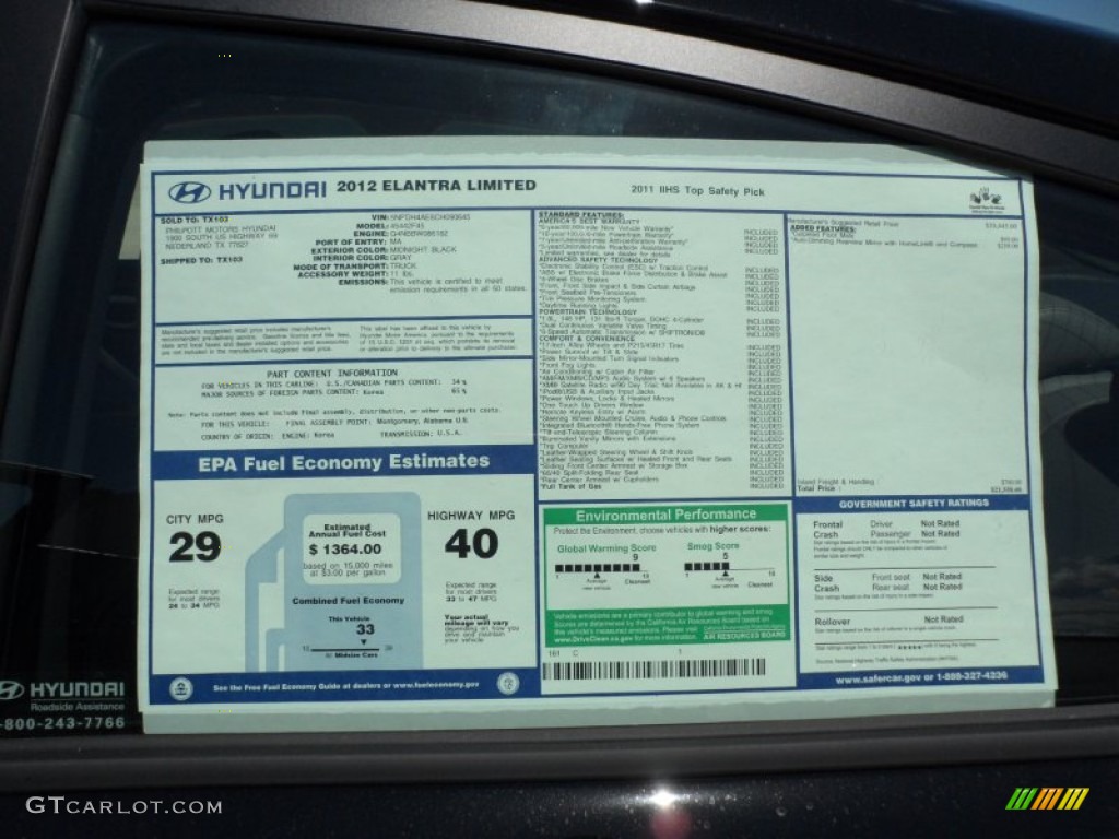 2012 Hyundai Elantra Limited Window Sticker Photo #52590038