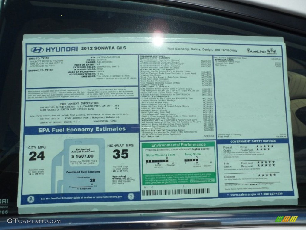 2012 Hyundai Sonata GLS Window Sticker Photo #52590524