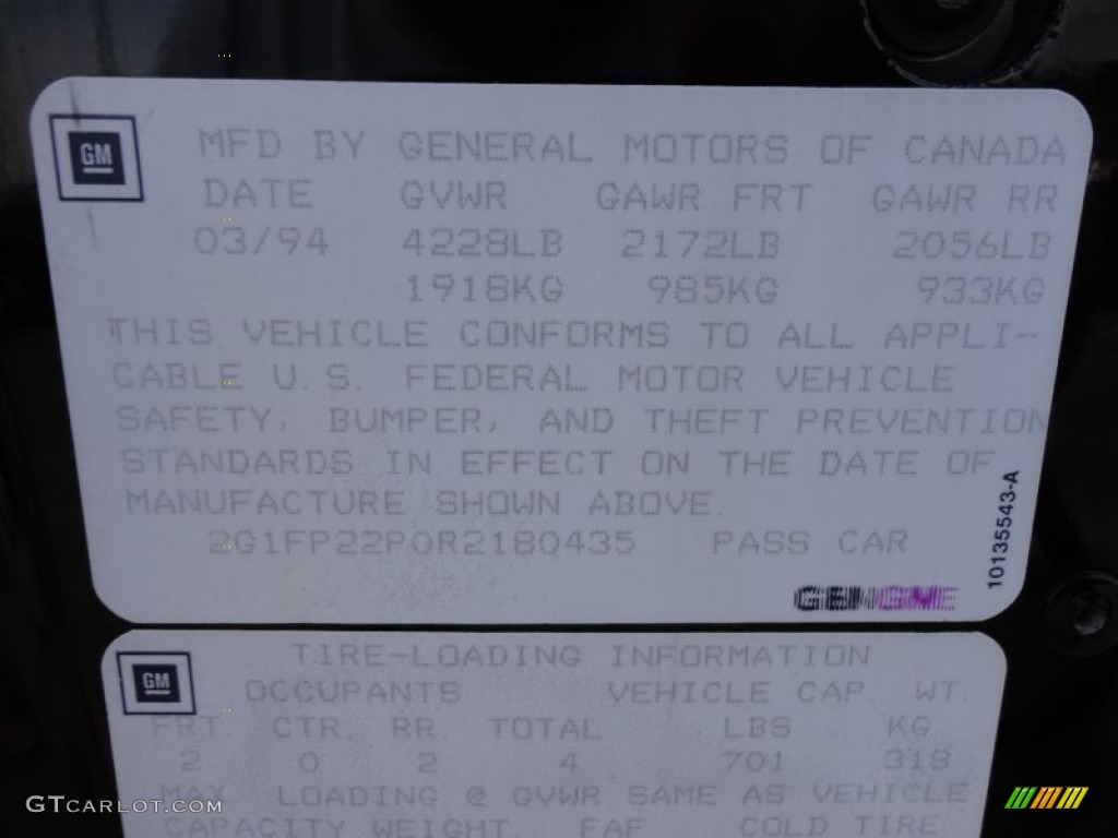 1994 Chevrolet Camaro Z28 Coupe Info Tag Photos