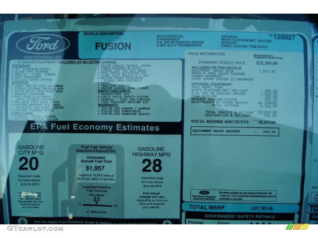 2012 Fusion SEL V6 - White Platinum Tri-Coat / Camel photo #8