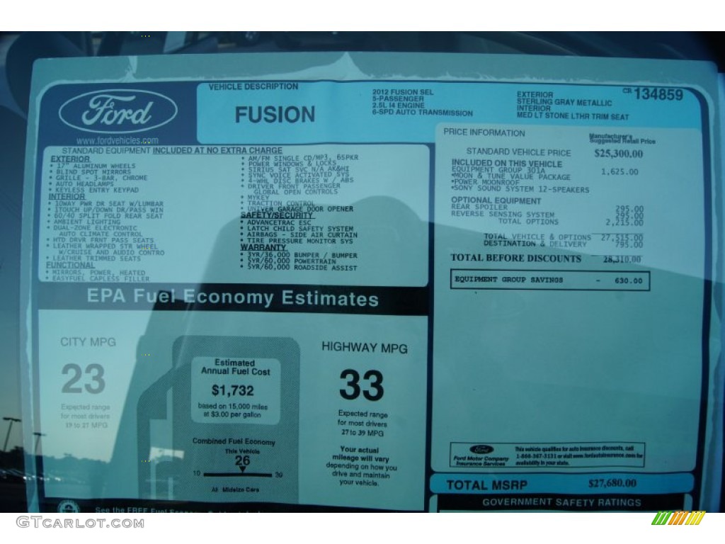 2012 Ford Fusion SEL Window Sticker Photo #52623647