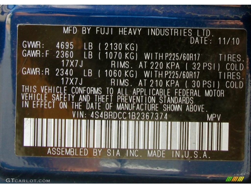 2011 Subaru Outback 3.6R Premium Wagon Info Tag Photo #52625897