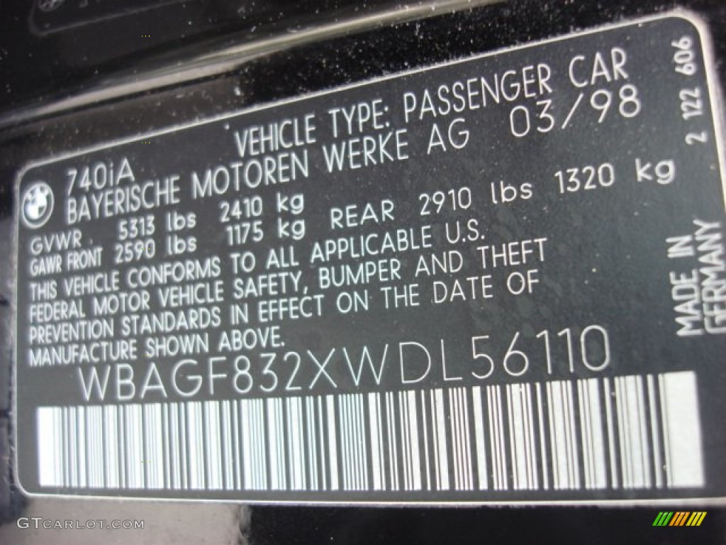 1998 BMW 7 Series 740i Sedan Info Tag Photo #52640870