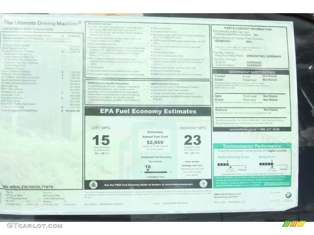 2012 BMW 6 Series 650i Convertible Window Sticker Photo #52649819