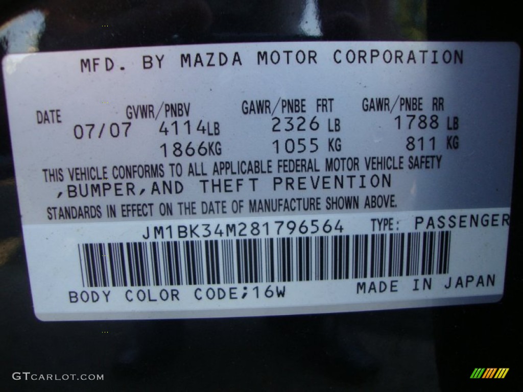 2008 MAZDA3 Color Code 16W for Black Mica Photo #52652018
