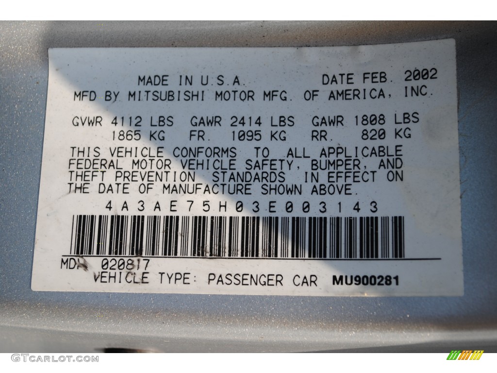 2003 Mitsubishi Eclipse Spyder GTS Info Tag Photos