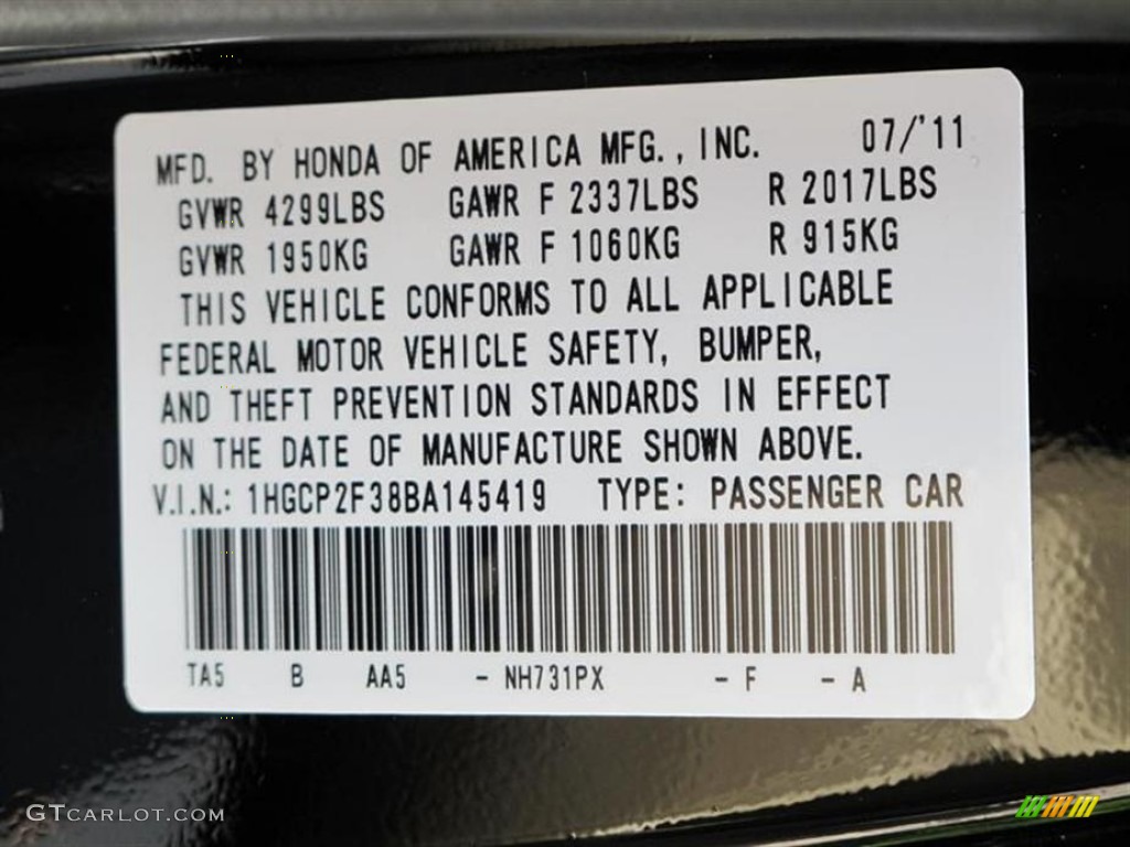 2011 Accord Color Code NH731PX for Crystal Black Pearl Photo #52668724