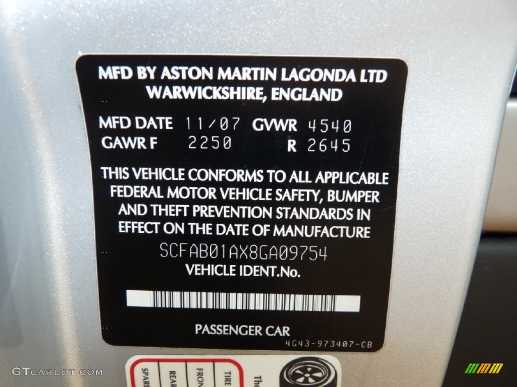 2008 Aston Martin DB9 Coupe Info Tag Photos