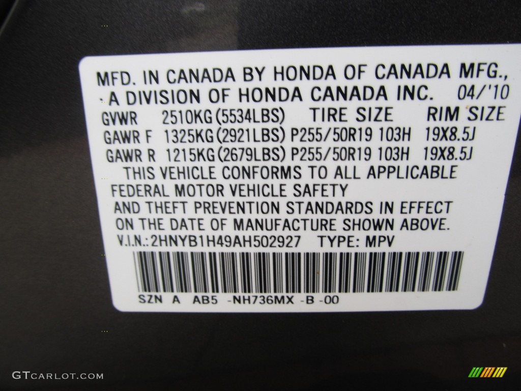 2010 ZDX Color Code NH736MX for Grigio Metallic Photo #52677595