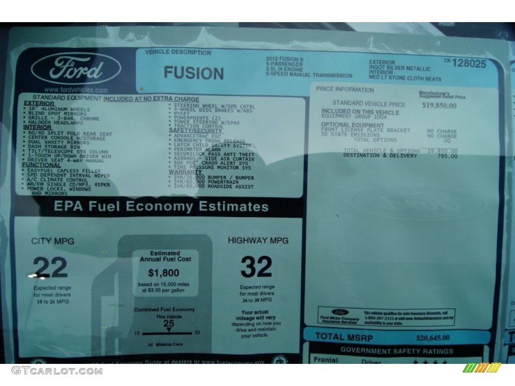 2012 Ford Fusion S Window Sticker Photo #52693581