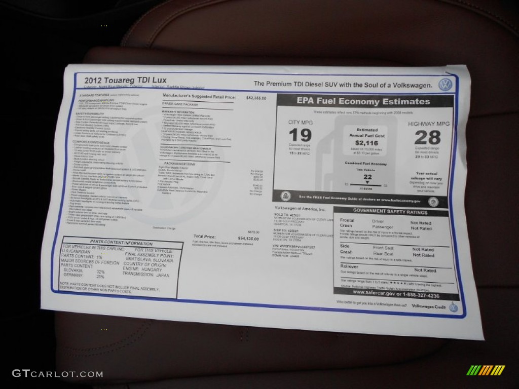 2012 Volkswagen Touareg TDI Lux 4XMotion Window Sticker Photo #52704543