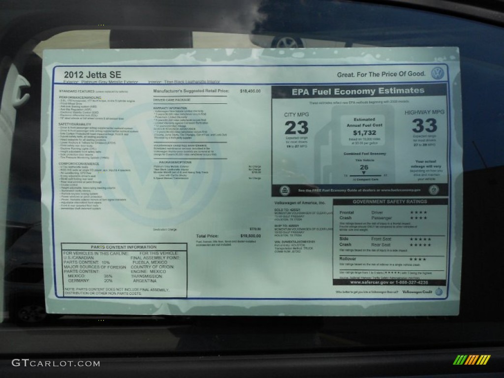 2012 Volkswagen Jetta SE Sedan Window Sticker Photo #52704876