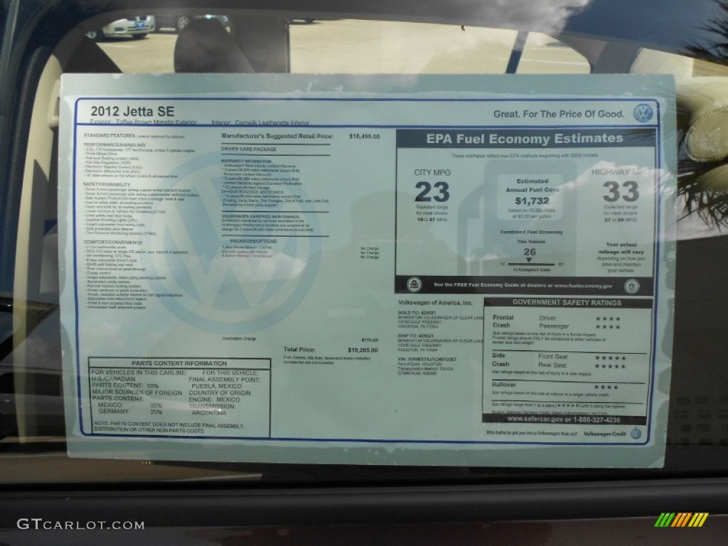2012 Volkswagen Jetta SE Sedan Window Sticker Photo #52705200