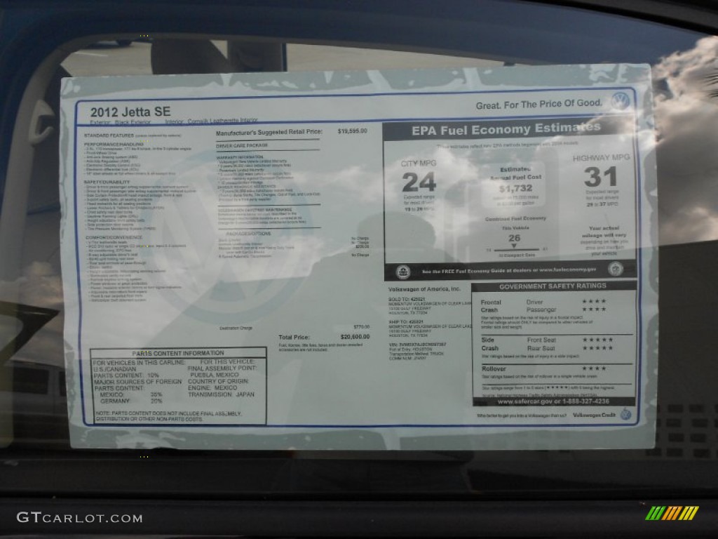 2012 Volkswagen Jetta SE Sedan Window Sticker Photo #52705836
