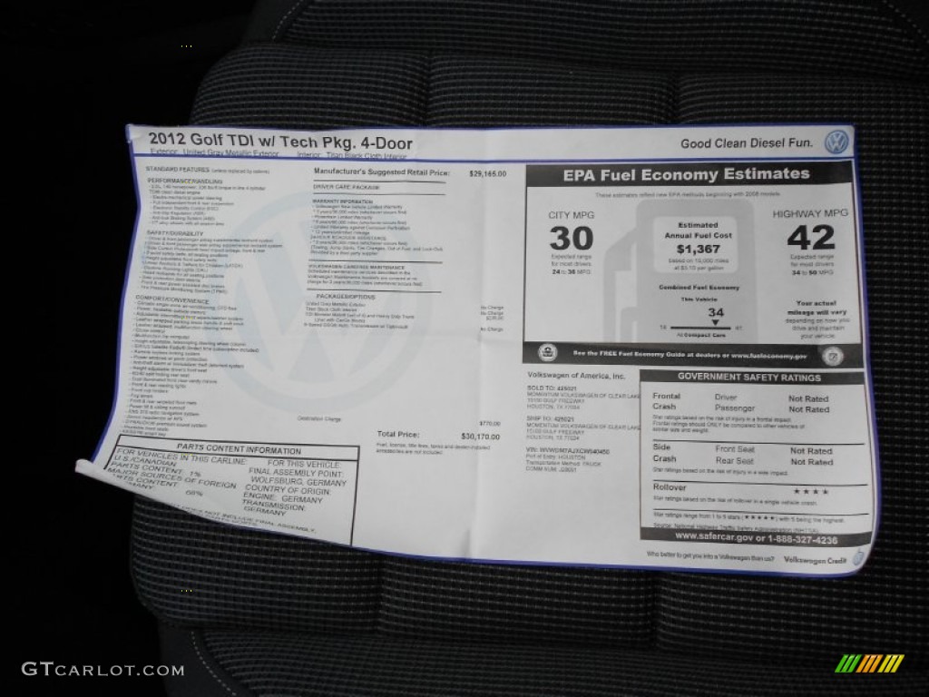 2012 Volkswagen Golf 4 Door TDI Window Sticker Photo #52706175