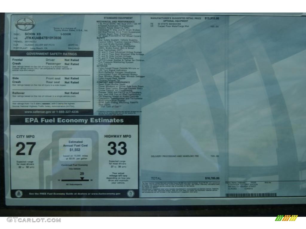 2011 Scion xD Standard xD Model Window Sticker Photo #52744508