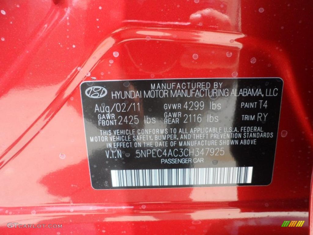 2012 Sonata Color Code T4 for Sparkling Ruby Red Photo #52751644