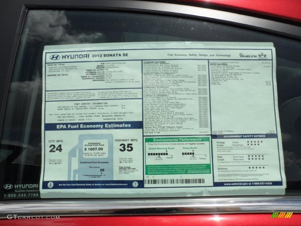 2012 Hyundai Sonata SE Window Sticker Photo #52751652