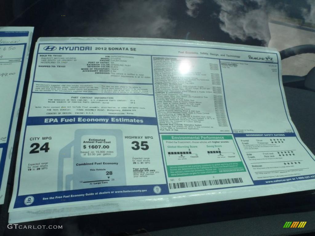2012 Hyundai Sonata SE Window Sticker Photo #52752188
