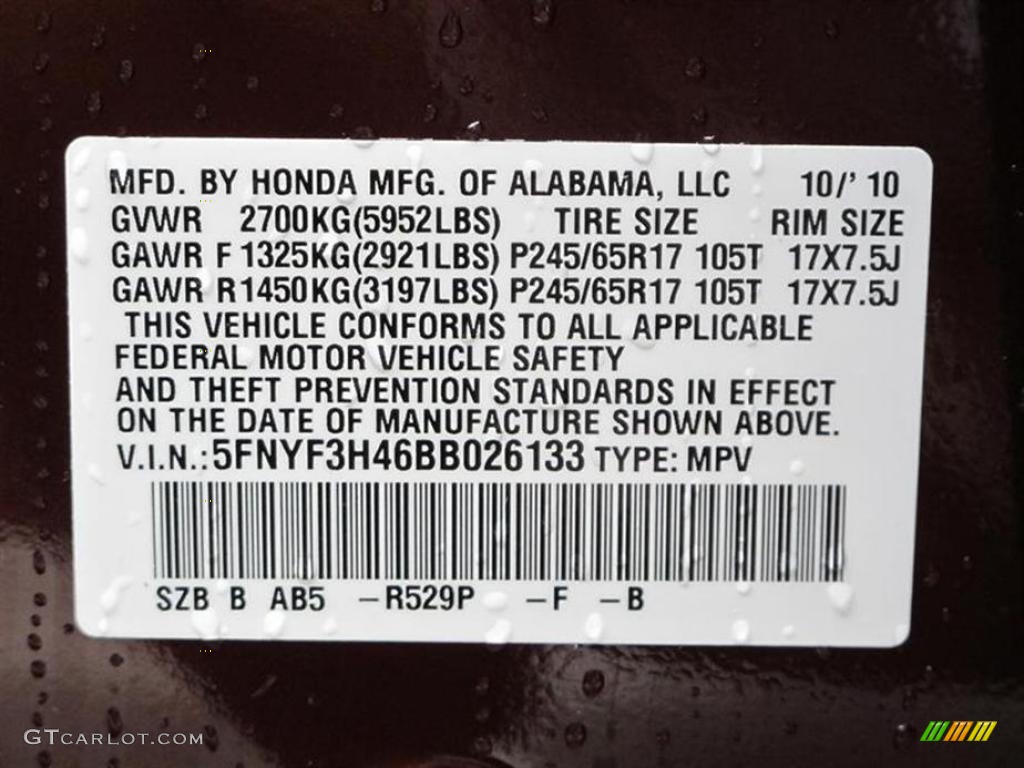 2011 Pilot Color Code R529P for Dark Cherry Pearl Photo #52773248